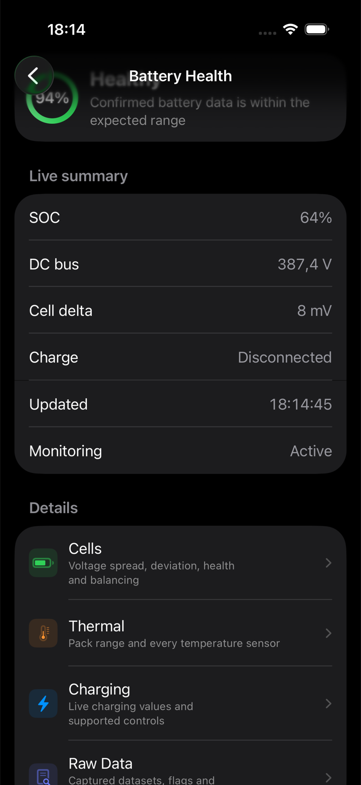 FENR Battery Health overview with state of health, voltage and cell delta