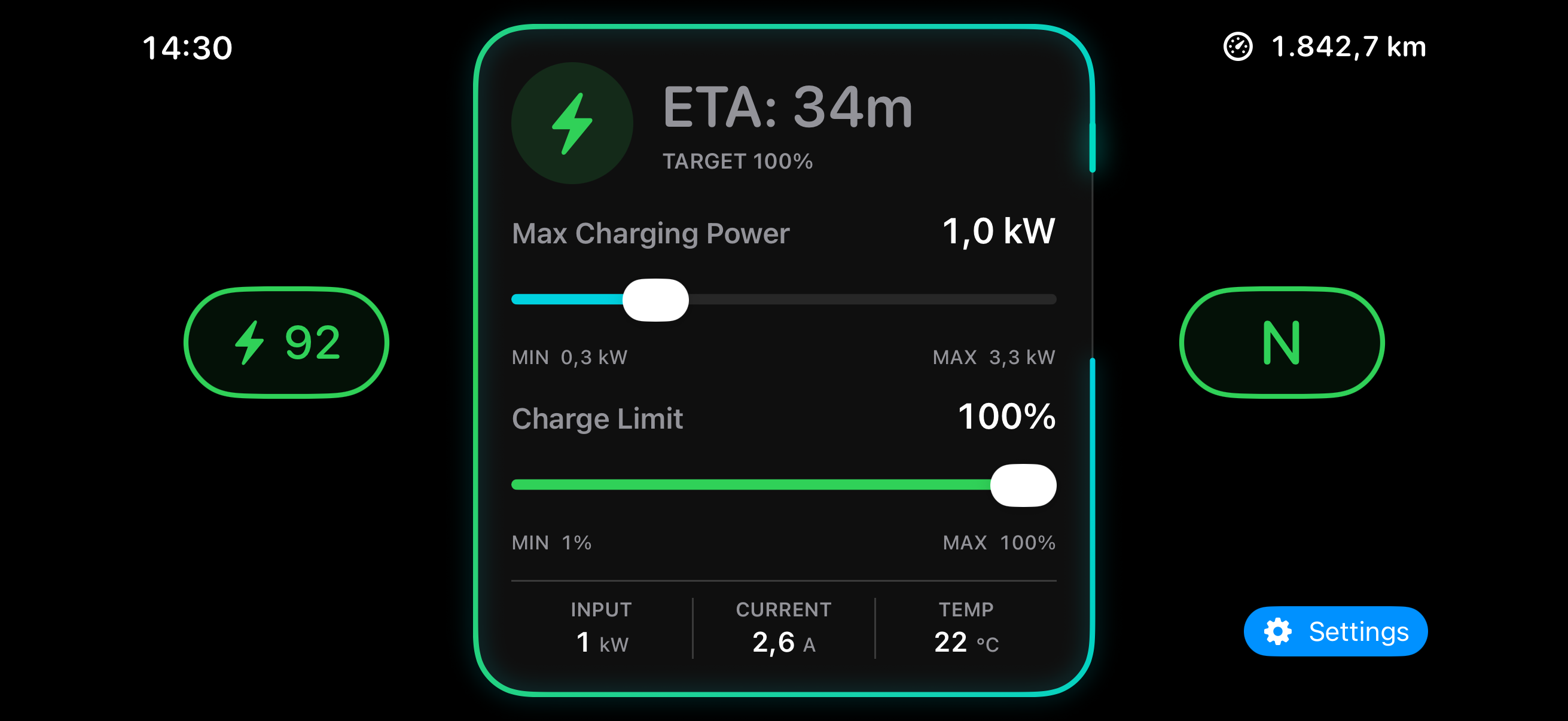 FENR charging dashboard with power and charge-target controls