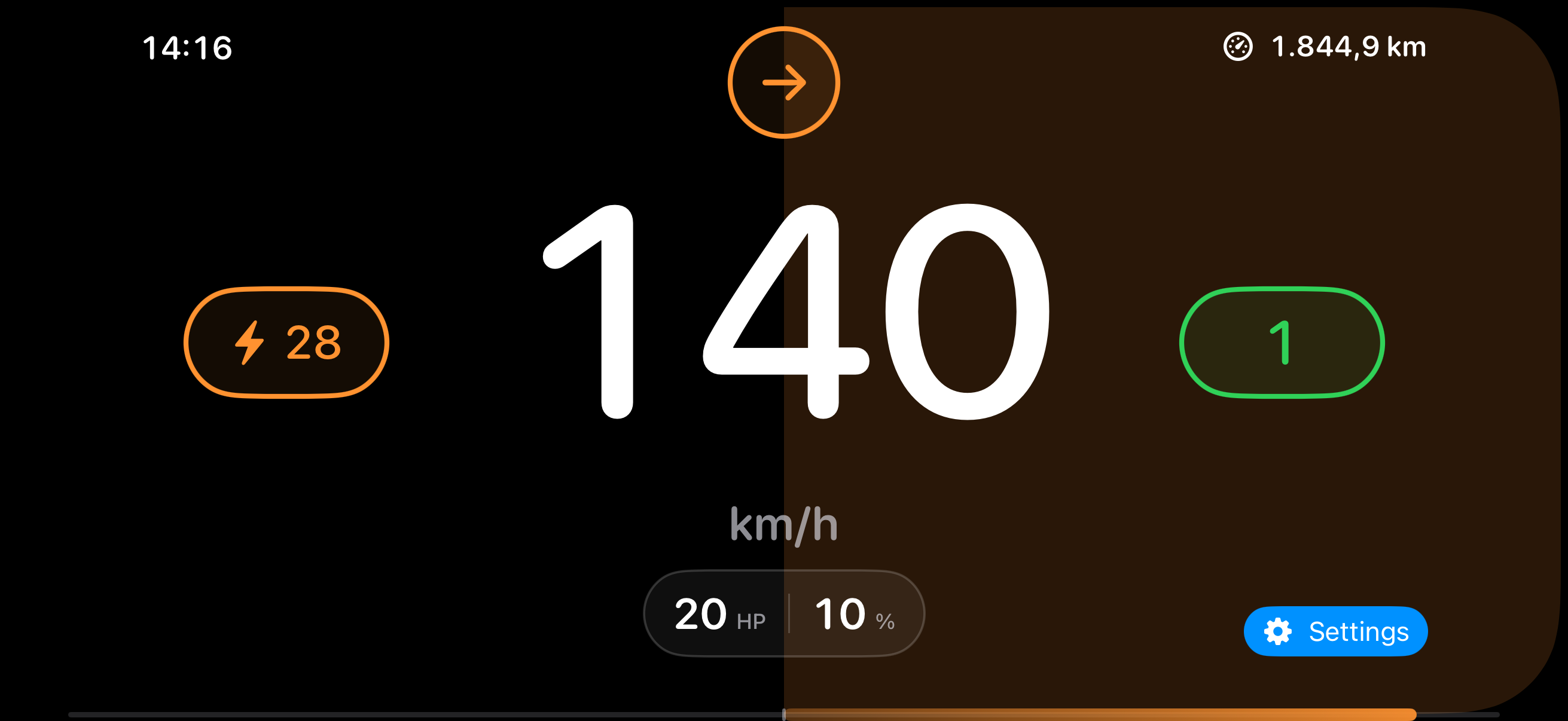 FENR dashboard showing speed, battery, power mode and energy use