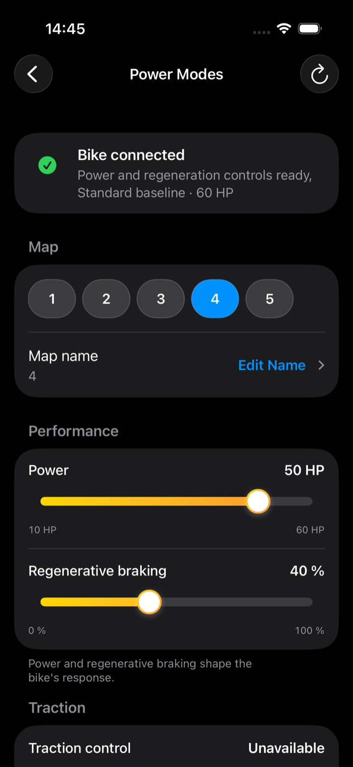 FENR Power Modes screen showing five maps and performance controls