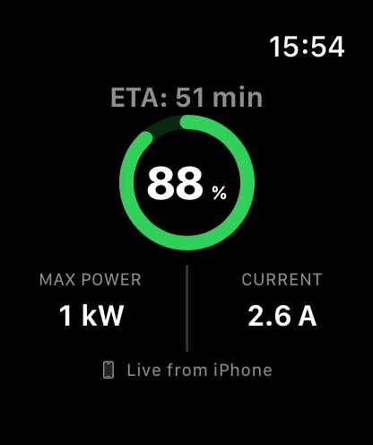 FENR Watch app showing charge percentage, ETA, power and current